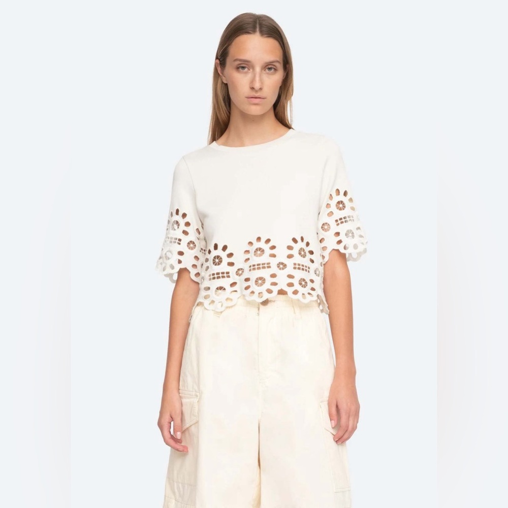 🧜🏼‍♀️ Sea New York Elysse Embroidery Knit Short Sleeve Sweater Top in White